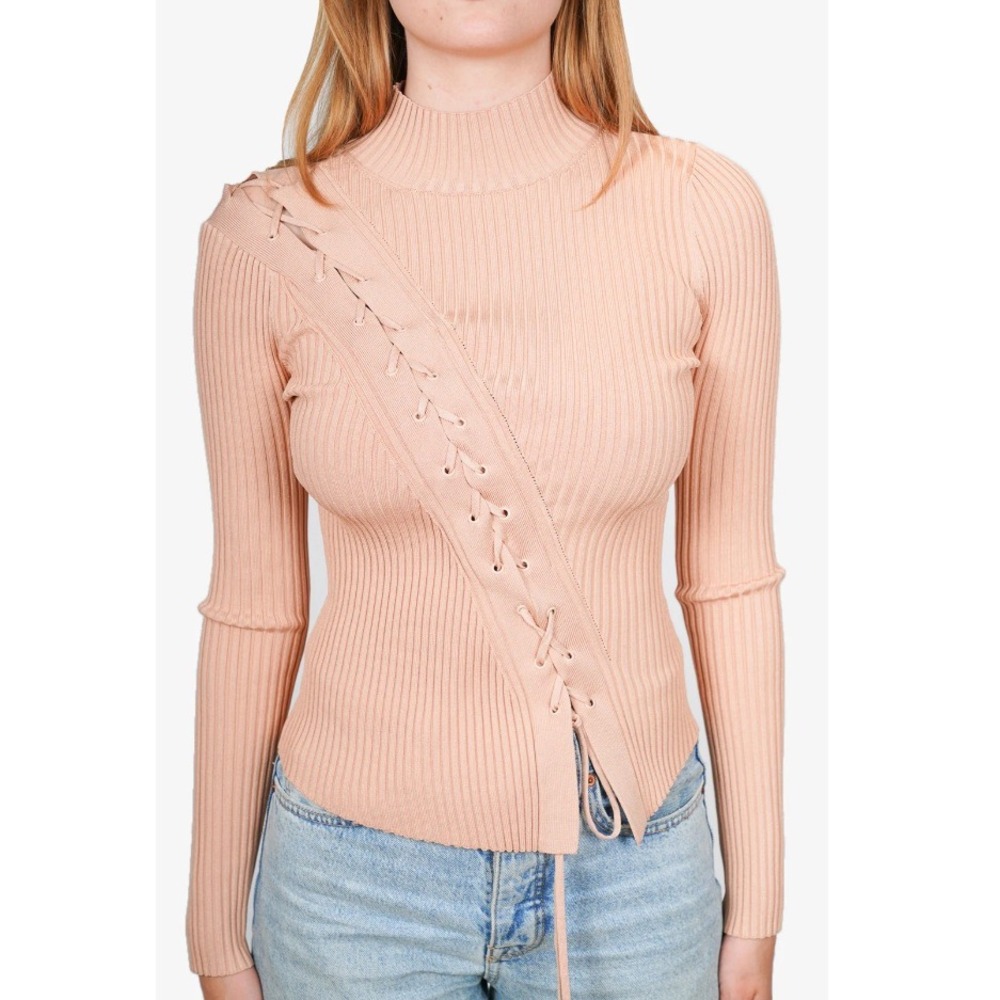 Jonathan Simkhai Asymmetric Ribbed Mock Neck Lace Up Knit Sweater Nude Size M